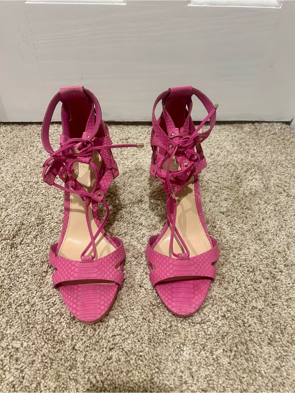 Vince Camuto Pink Lace-Up Snakeskin-Texture Heels